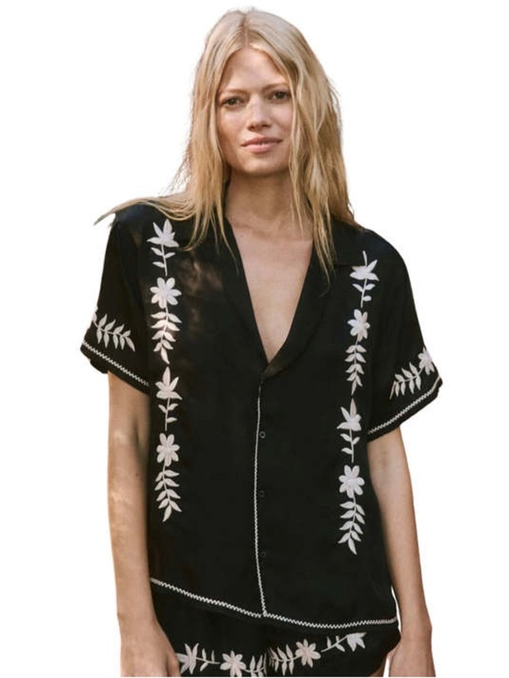 THE GREAT. Black Short-Sleeve Floral Embroidered Button Shirt